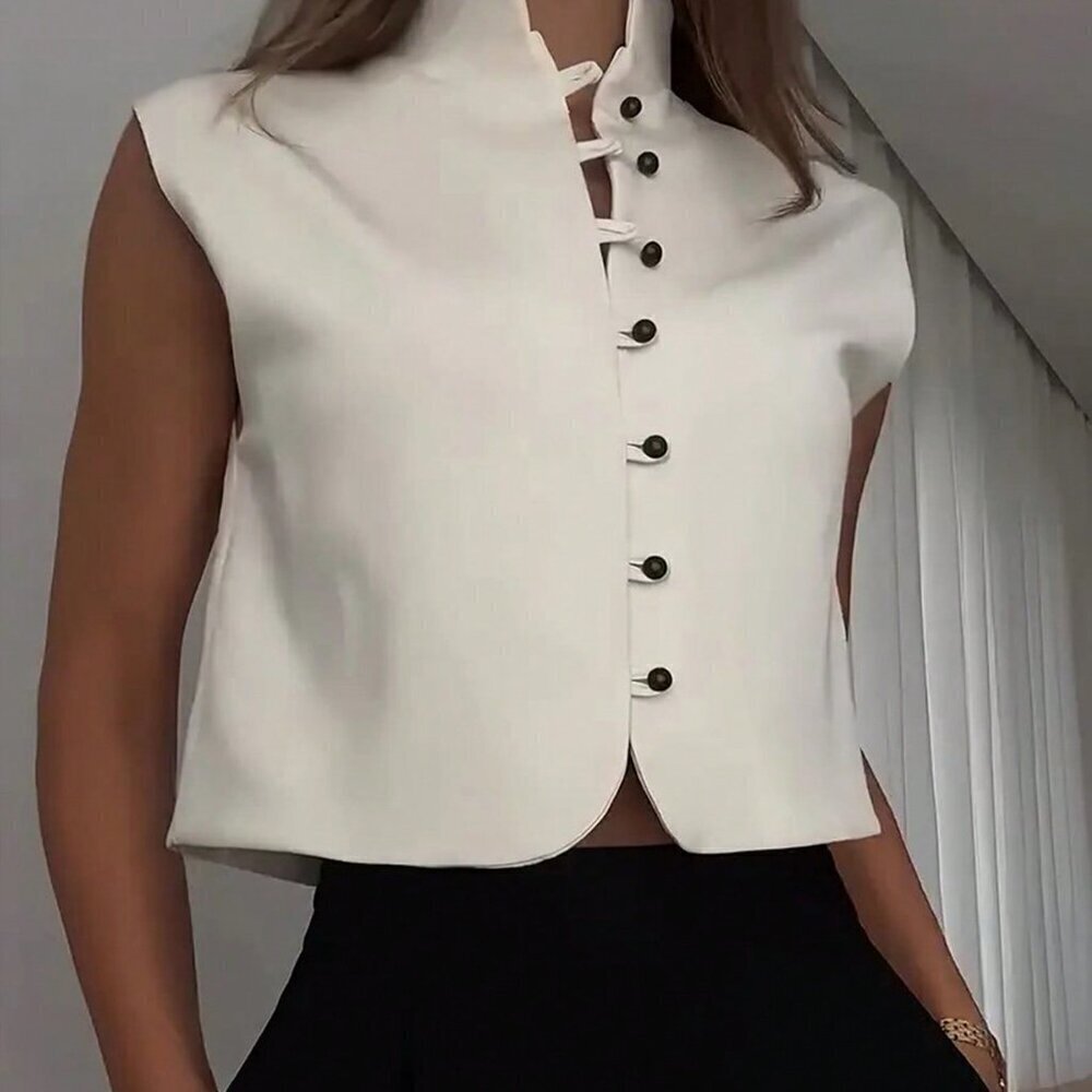 White Casual Women's Elegant Sleeveless Double-Breasted Woven Top - Picture 2 of 6